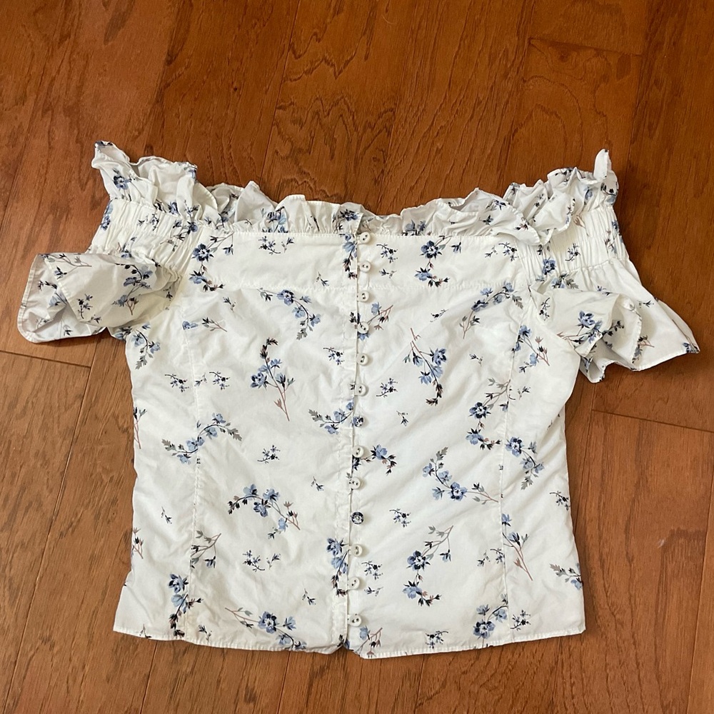 Rebecca Taylor White, Blue Floral Ruffle Off Should Button Down Blouse Size 4